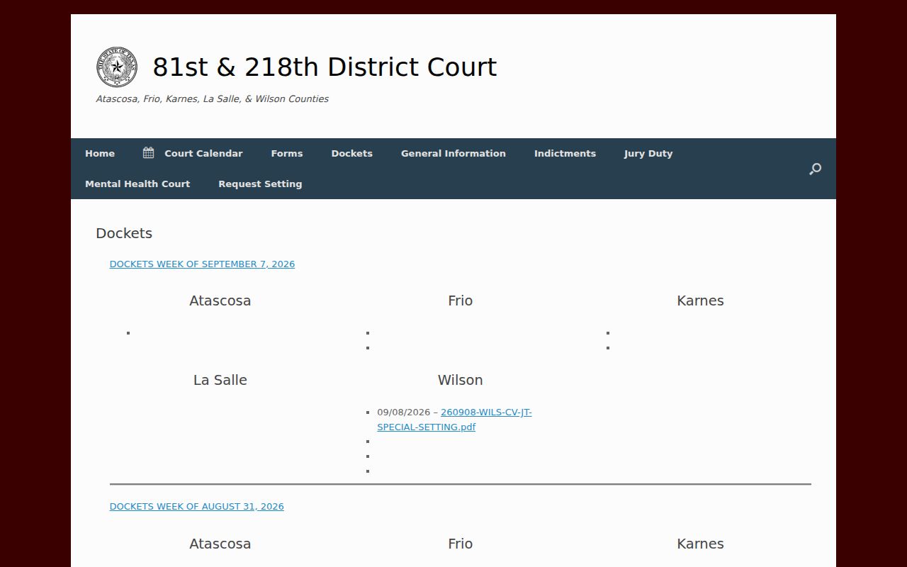 Official weekly 81st and 218th District Courts docket index for Karnes County